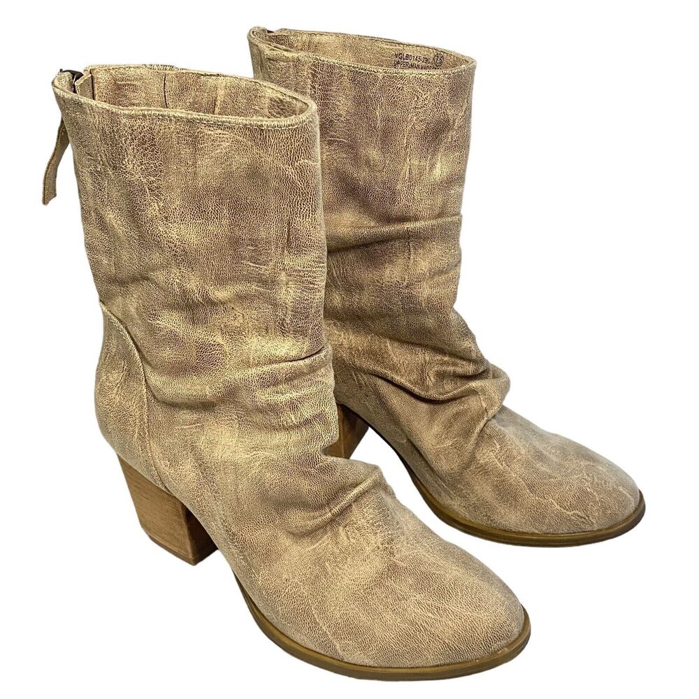 Very G Womens Preston Boot Cream Mid Calf Bootie Slouchy Stacked Heel Size 7.5